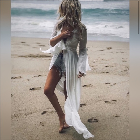 New Boho Flowy Mesh Lace Tie Maxi Kimono Dress Duster Jacket Robe Swim Cover Up - Picture 7 of 16